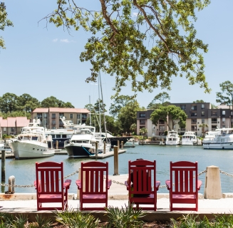chairs facing the marina 