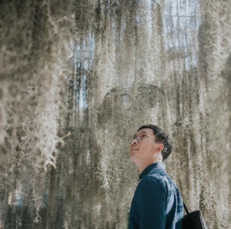 man looking at tree