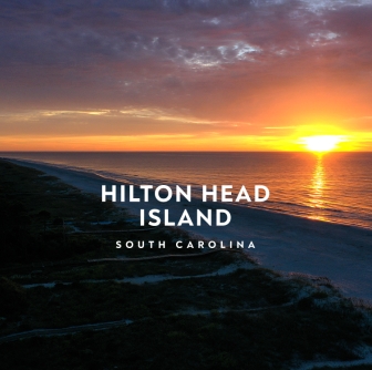 hilton head island beach with sunset and logo overlay