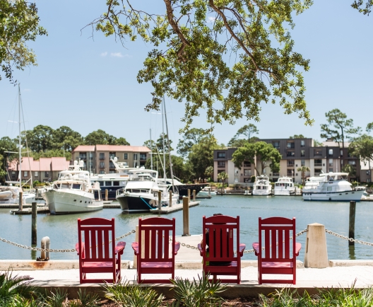 chairs facing the marina 