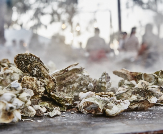 A close-up image of fresh oysters with people in the background