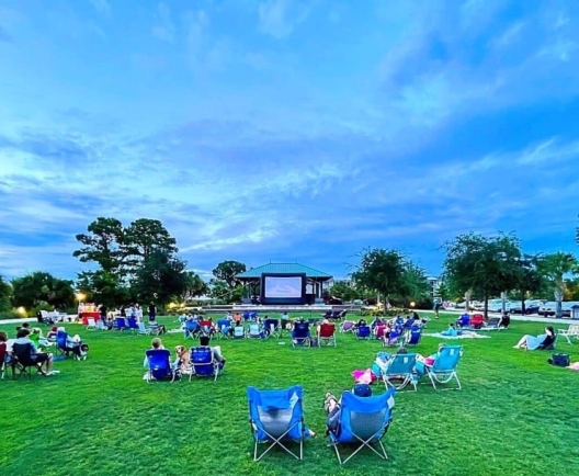 Outdoor movie screening on a large projection screen