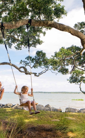 two kids swinging on a tree swing