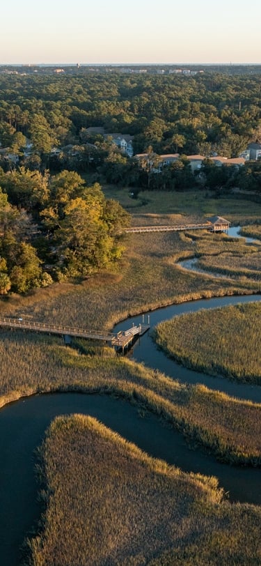 a winding marsh with a dock