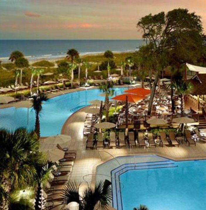 Aerial view of Omni Hilton Head poolside patios