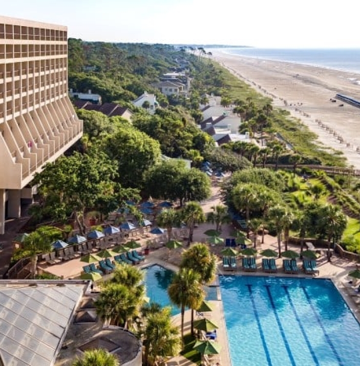 Aerial view of Marriott featuring pool side patio and beach
