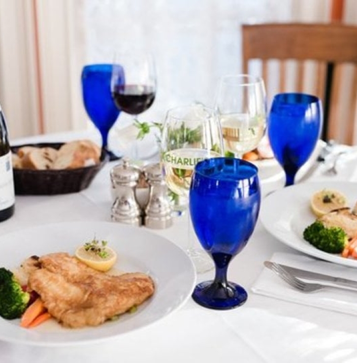 Table spread with food and drink